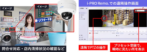 問合せ対応・店内清掃状況の確認など i-PRO Remo.での遠隔操作画面 遠隔で PTZの操作 プリセット登録で、瞬時に見たい所を表示