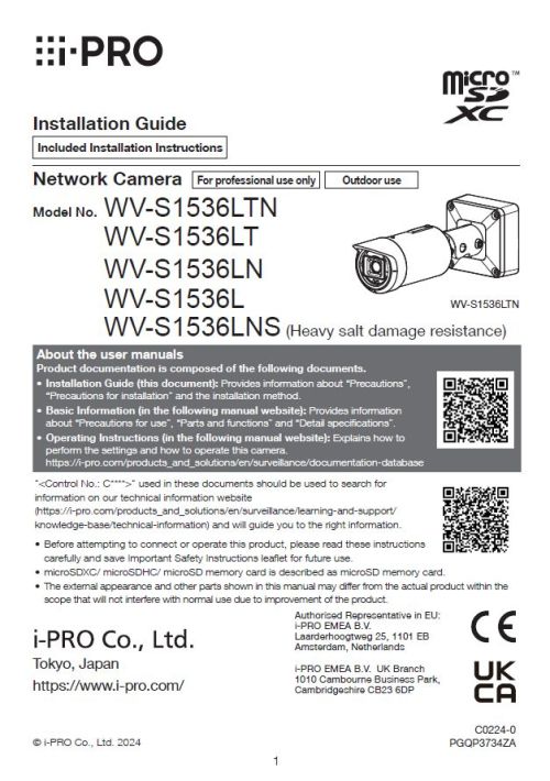 WV-S1536LA etc. Installation Guide (English)