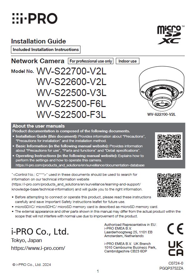WV-S22500-V3L etc. Installation Guide (English)