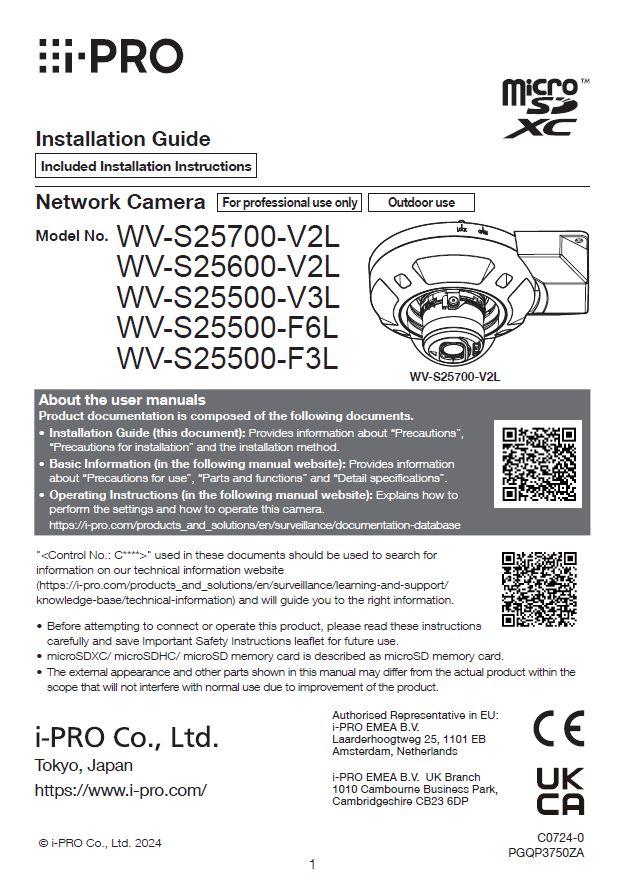 WV-S25500-V3LN etc. Installation Guide and Procedure (English)